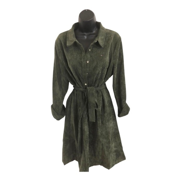 Tommy Hilfiger olive green corduroy button down collared tunic shirtdress size12 - Picture 14 of 17